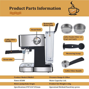 BioloMix 20 Bar Italian Type Espresso Coffee Maker Machine with Milk Frother Wand for Espresso, Cappuccino, Latte and Mocha|Coffee Makers|